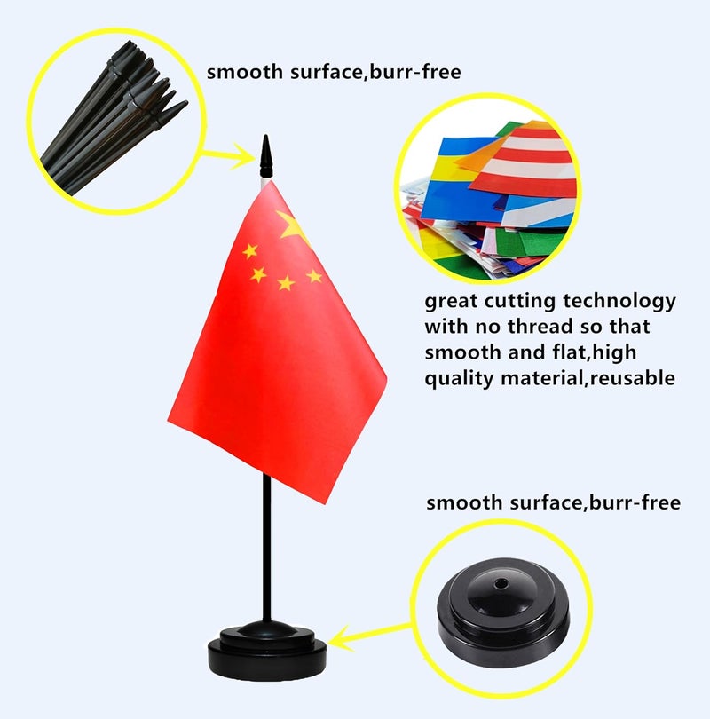 tibijoy China Chinese Small Mini Desk Flag Set Miniature China Chinese Table Office Flag with 13" Black Pole, Black Base, Miniature China Deluxe Desktop Flag(2 Pack) - Image 2